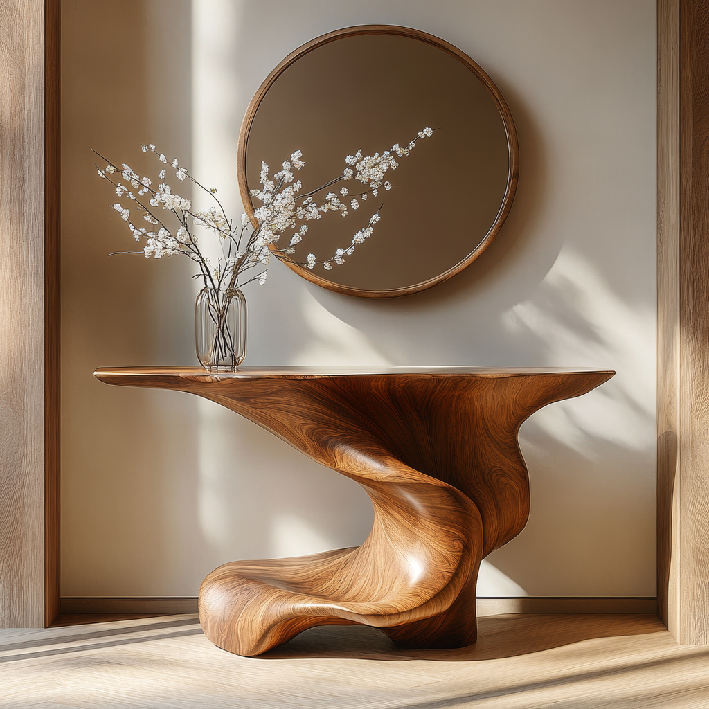 Monolithic Pedestal Solid Wood Console Table with Slim Top