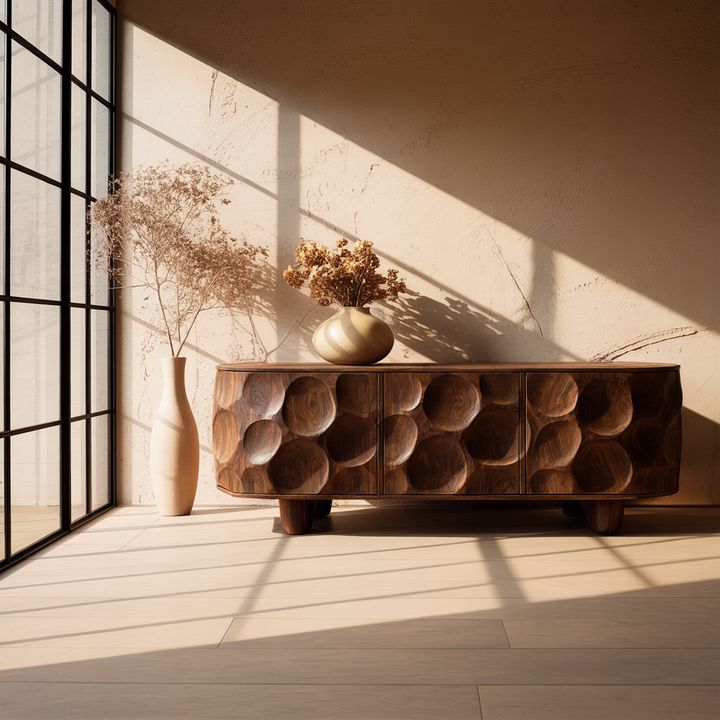 Sculpted Solid Walnut Sideboard Cabinet with Carved Concave Doors