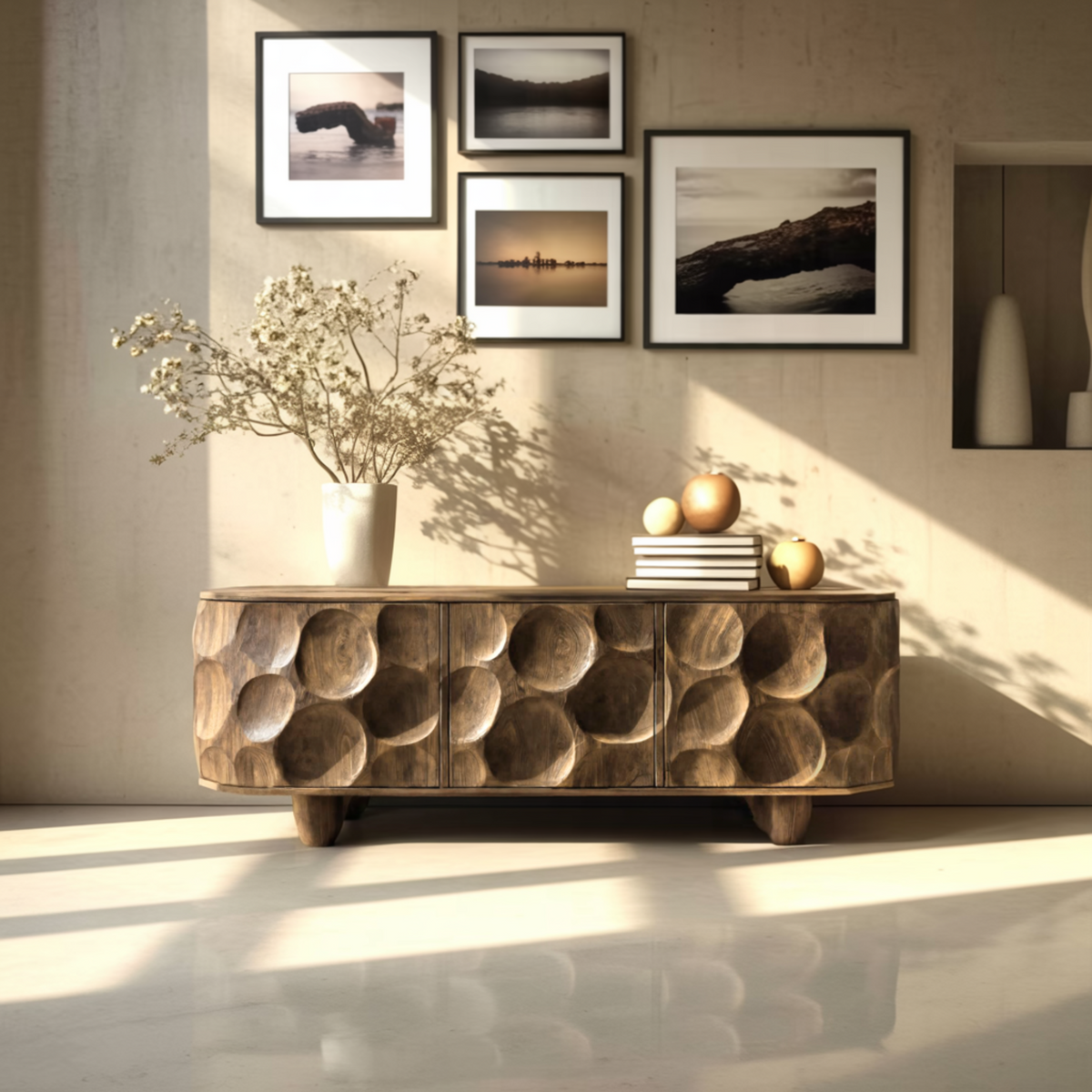 Sculpted Solid Walnut Sideboard Cabinet with Carved Concave Doors - view 4