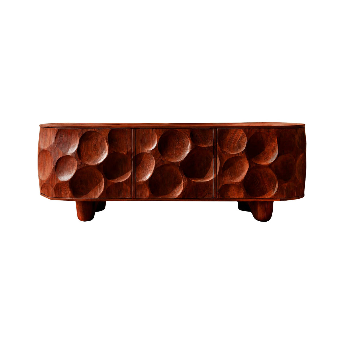 Sculpted Solid Walnut Sideboard Cabinet with Carved Concave Doors in Mahogany finish
