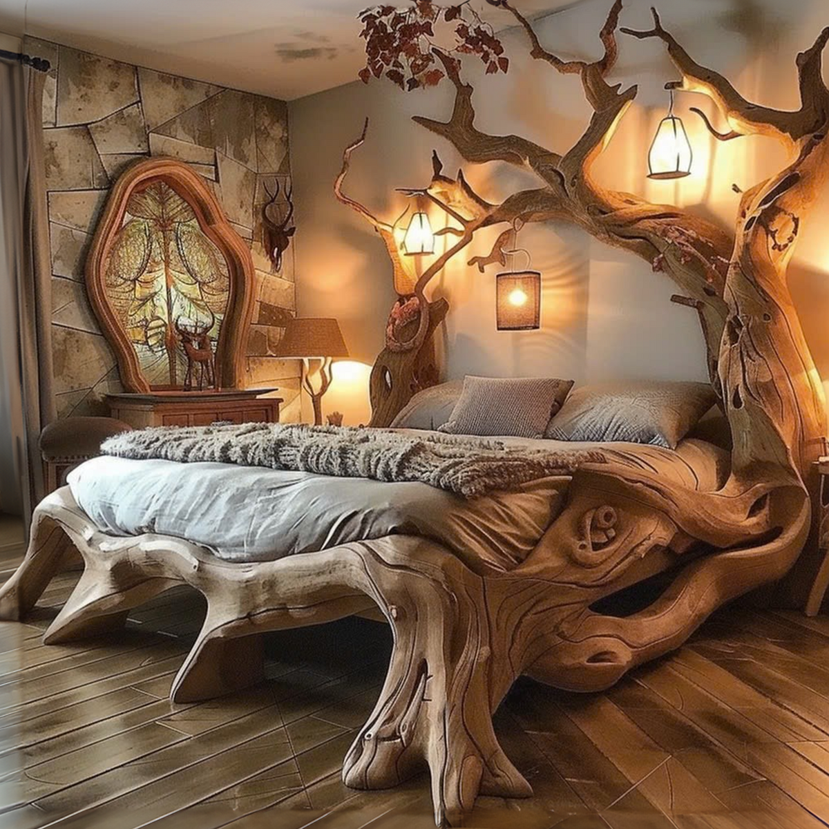 Rustic Solid Wood Bed Frame with Curved Lines, Queen or King - view 2