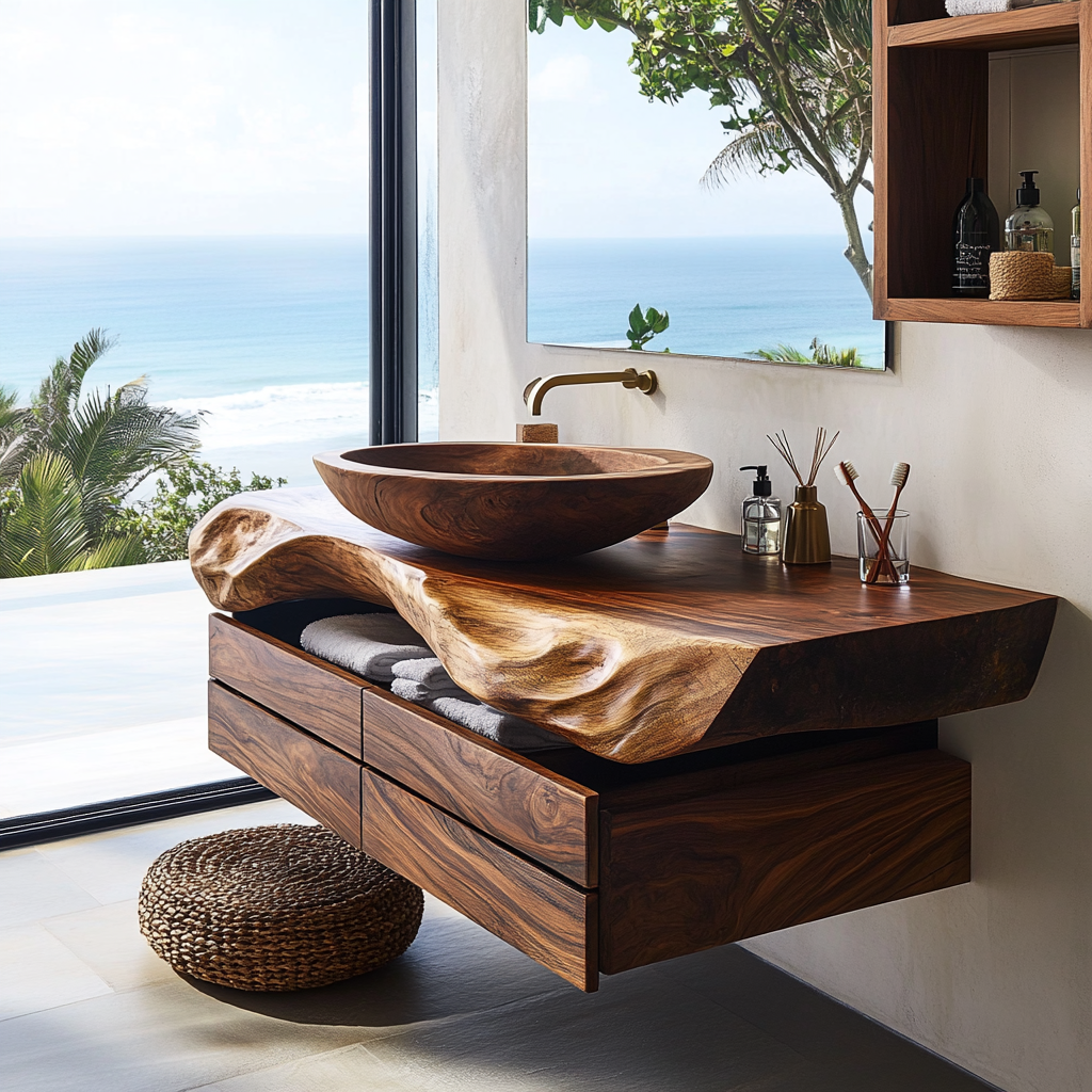 Live Edge Floating Bathroom Vanity with Drawers and Wood Vessel Sink