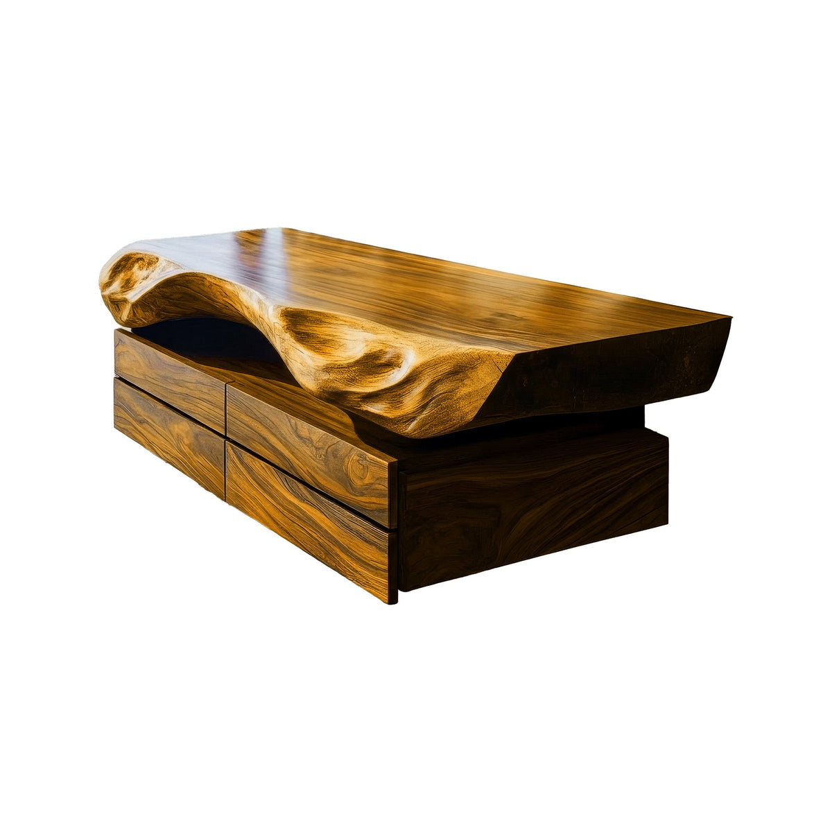 Live Edge Floating Bathroom Vanity with Drawers and Wood Vessel Sink in Teak finish