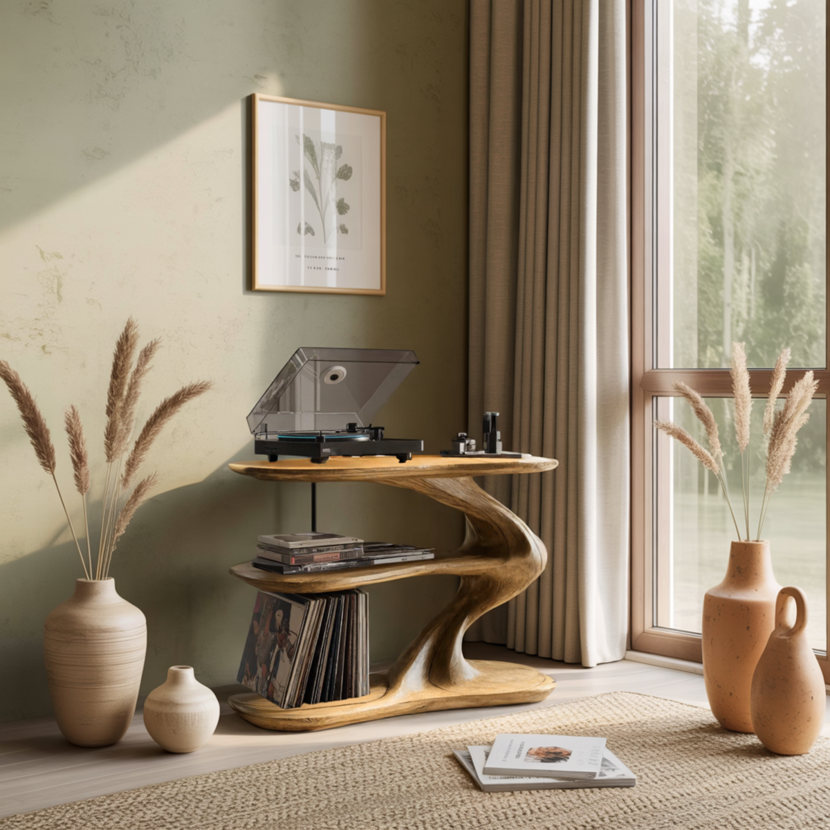 Sculpted Solid Wood Record Player Stand with Wave Contours - view 2