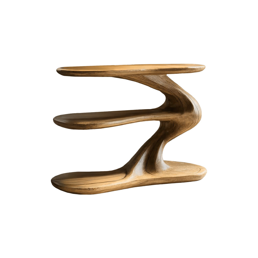 Sculpted Solid Wood Record Player Stand with Wave Contours in Natural Oak finish