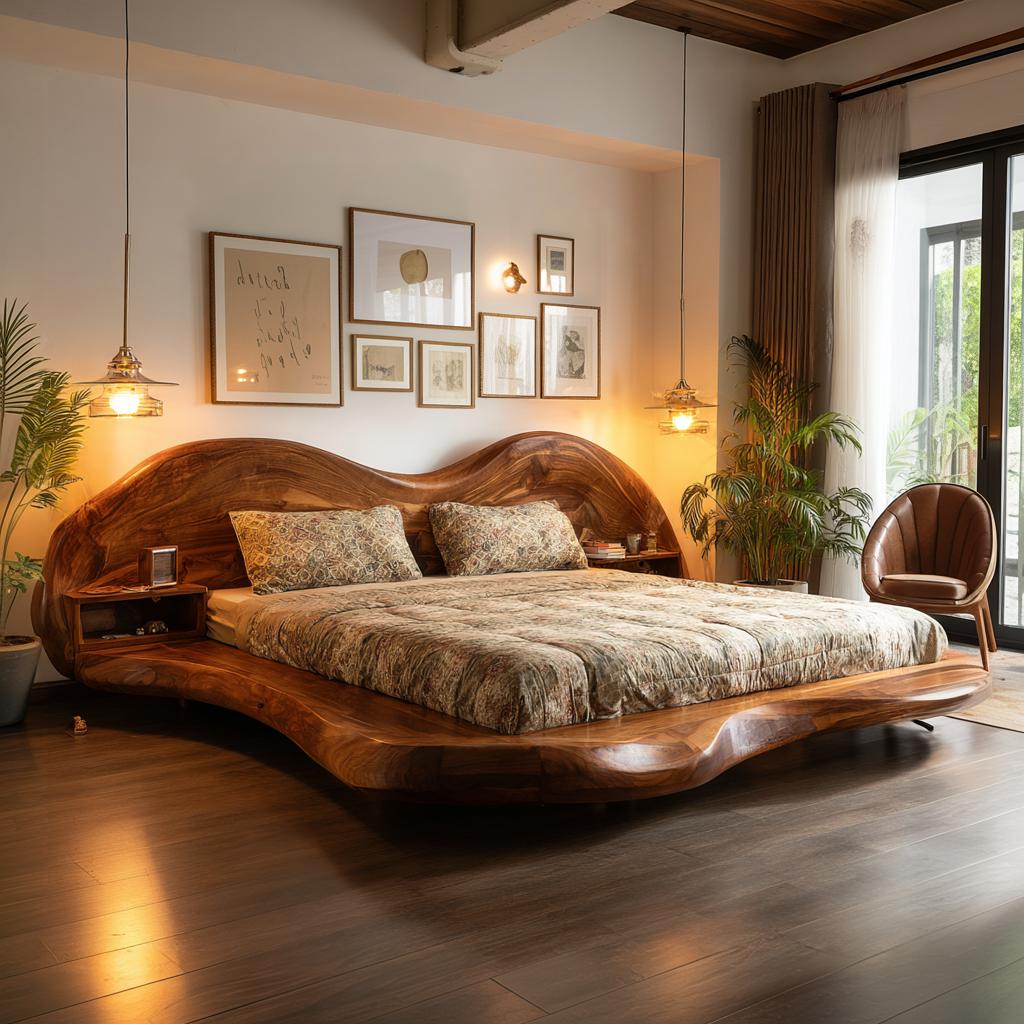 Solid Wood Wave Platform Bed Frame with Sculpted Headboard