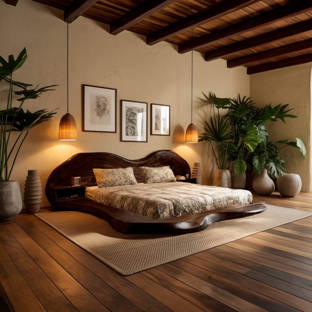 Solid Wood Wave Platform Bed Frame with Sculpted Headboard - view 2