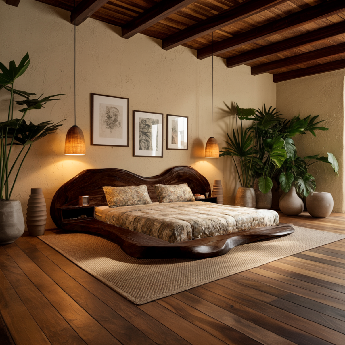 Solid Wood Wave Platform Bed Frame with Sculpted Headboard - view 2