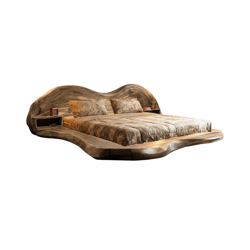 Solid Wood Wave Platform Bed Frame with Sculpted Headboard in Natural Oak finish