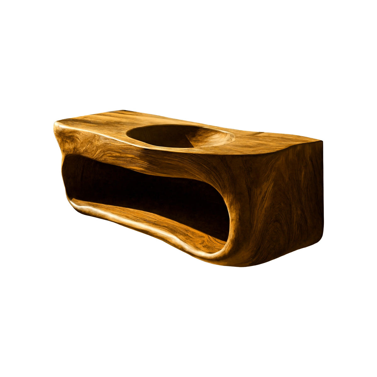 Solid Wood Floating Bathroom Vanity with Carved Integrated Sink in Teak finish