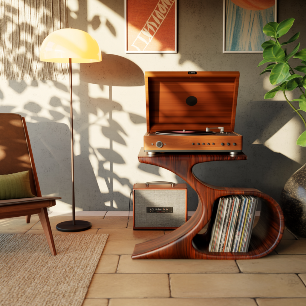 Sculpted Solid Wood Record Player Stand with Curved Vinyl Storage