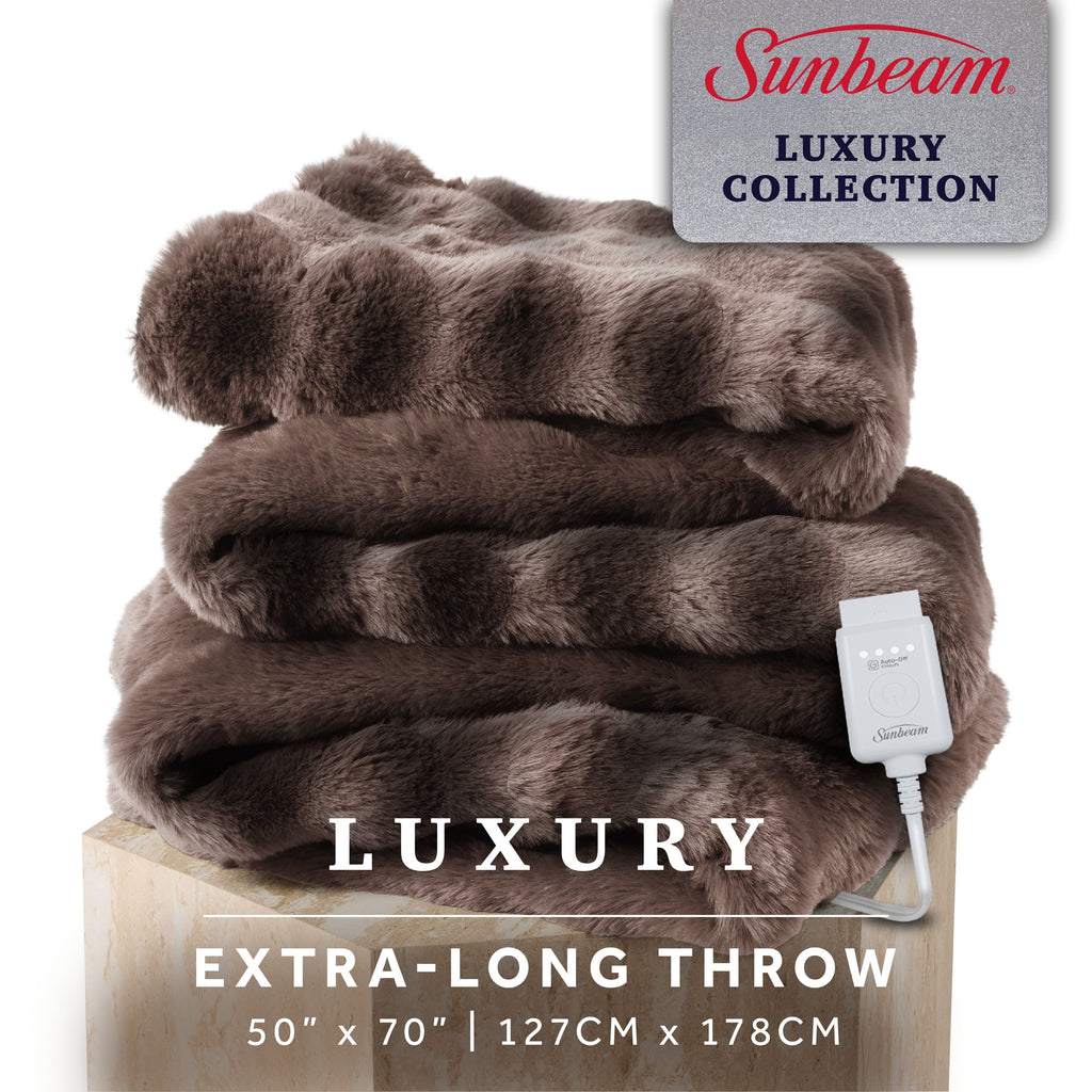 Sunbeam Heated Electric Bubble Faux Fur Throw Blanket, Luxury Collection, Brown, 4 Heat Settings, 50 x 70 in