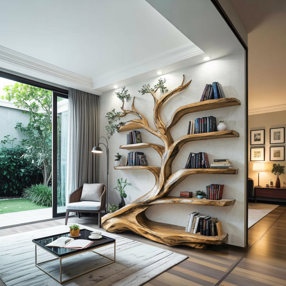 Leaning Tree Live Edge Solid Wood Bookshelf, Floor Standing - view 3