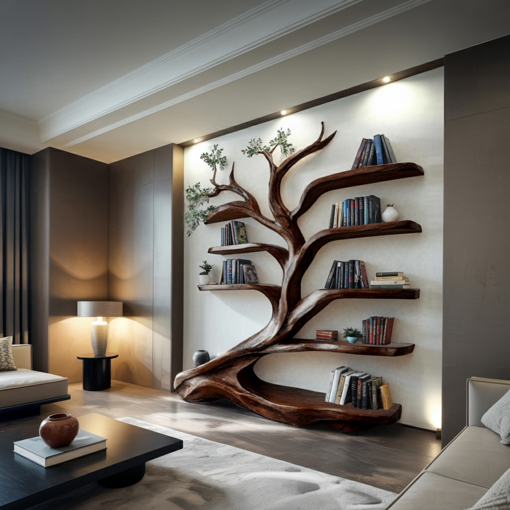 Leaning Tree Live Edge Solid Wood Bookshelf, Floor Standing - view 4