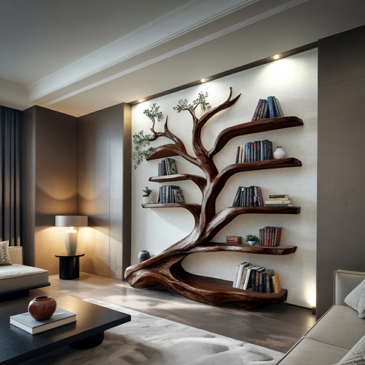 Leaning Tree Live Edge Solid Wood Bookshelf, Floor Standing - view 4