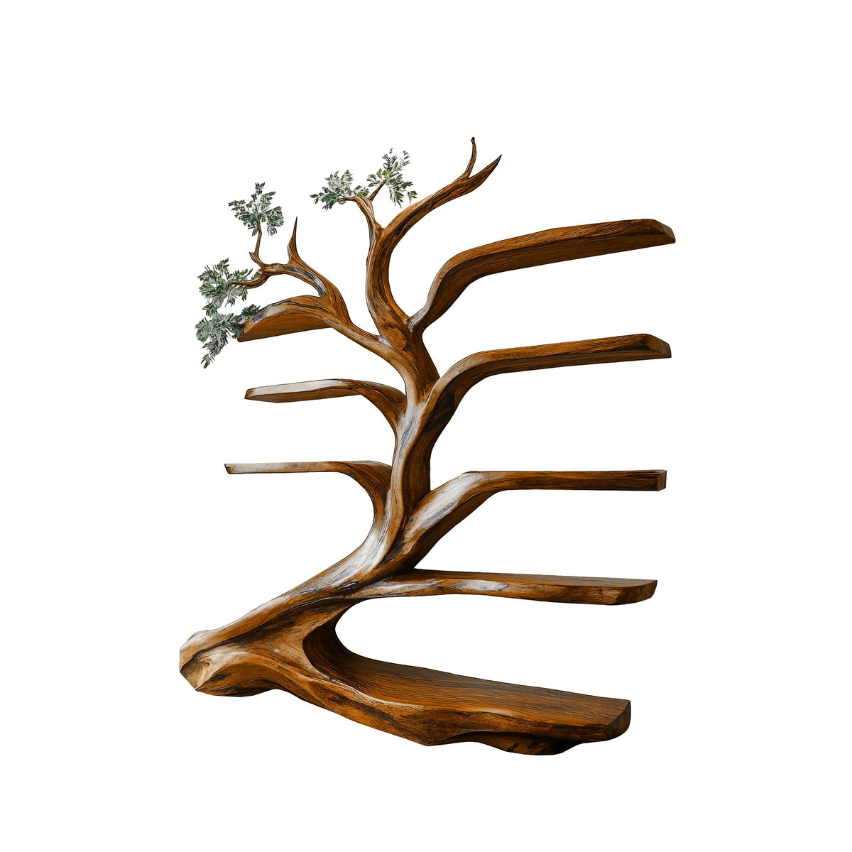 Leaning Tree Live Edge Solid Wood Bookshelf, Floor Standing in Brown finish