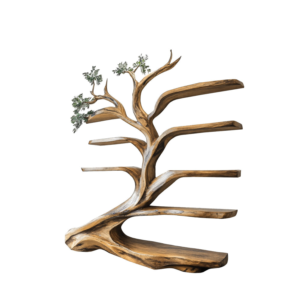 Leaning Tree Live Edge Solid Wood Bookshelf, Floor Standing in Natural Oak finish