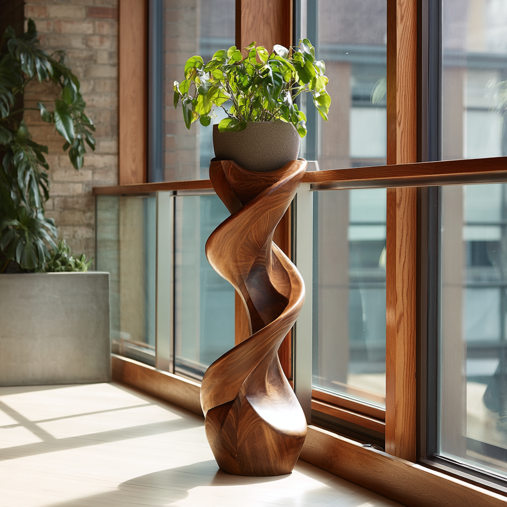 Twisted Solid Hardwood Pedestal Stand with Ribbon Spiral Form