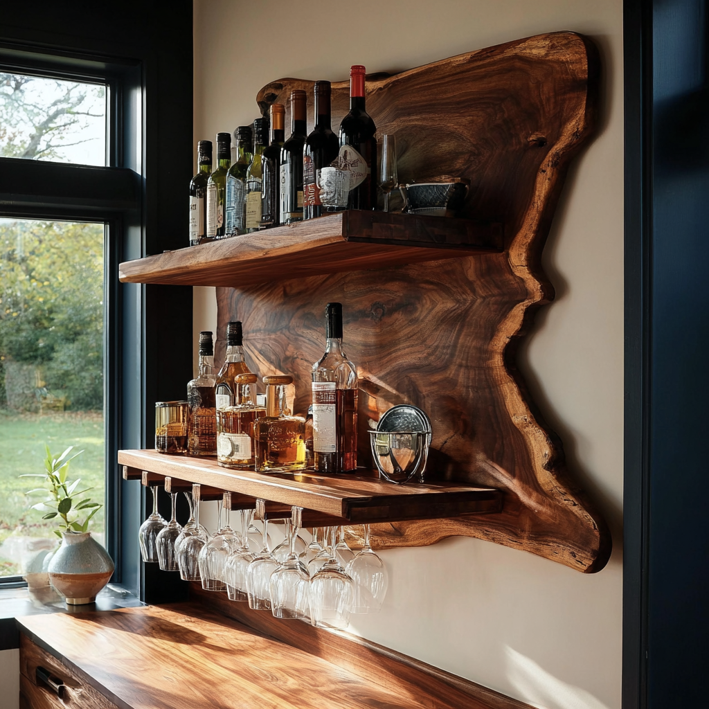 Live Edge Wood Wall Wine Shelf with Integrated Stemware Rack