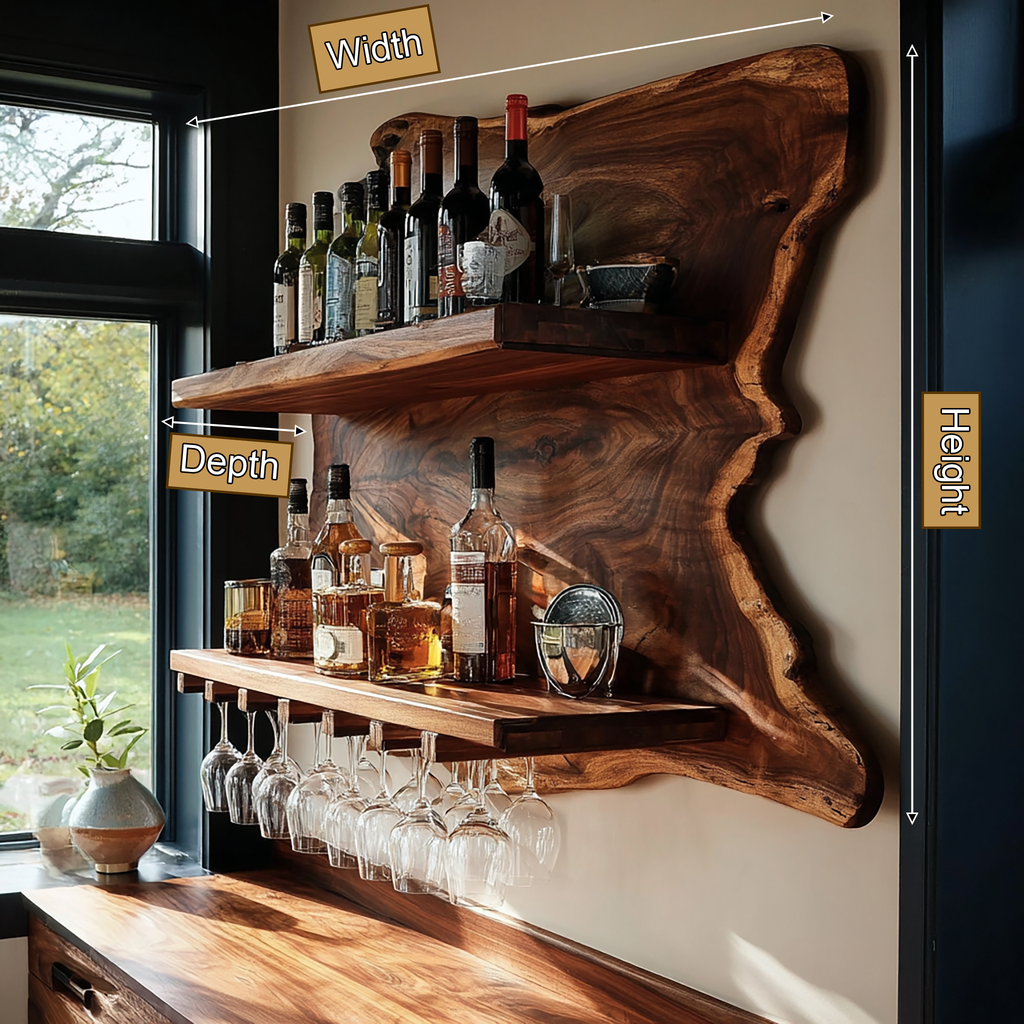 Live Edge Wood Wall Wine Shelf with Integrated Stemware Rack - view 8