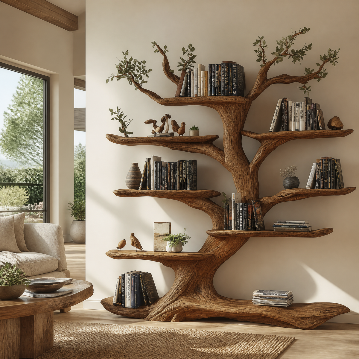 Sculpted Solid Hardwood Tree Bookshelf with Branch Shelving in Brown finish
