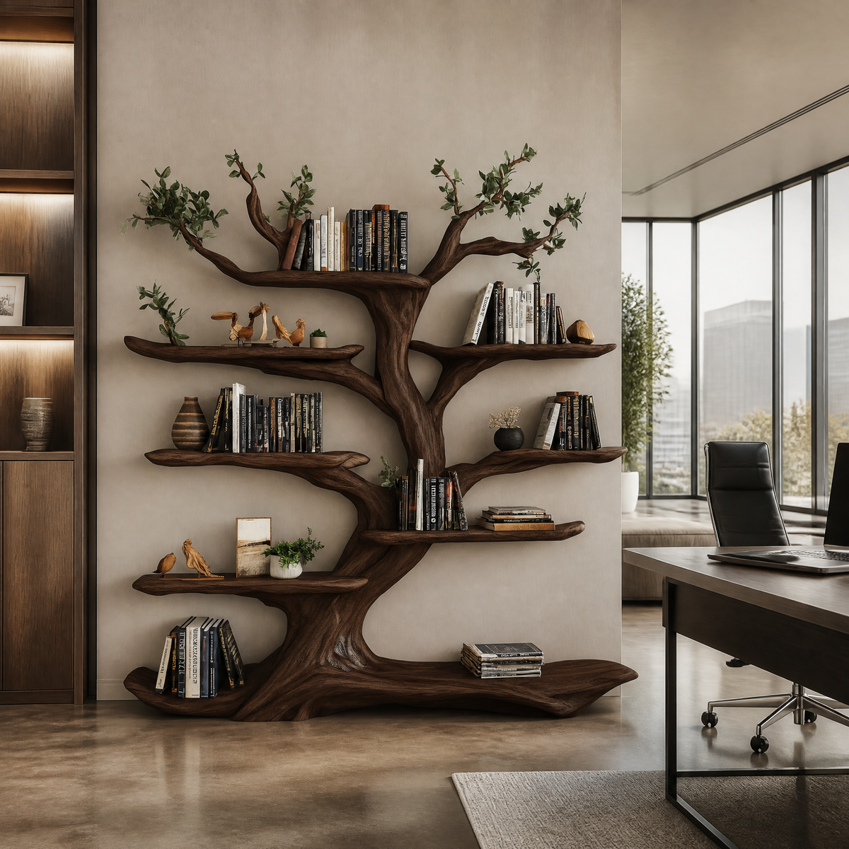 Sculpted Solid Hardwood Tree Bookshelf with Branch Shelving in Dark Walnut finish