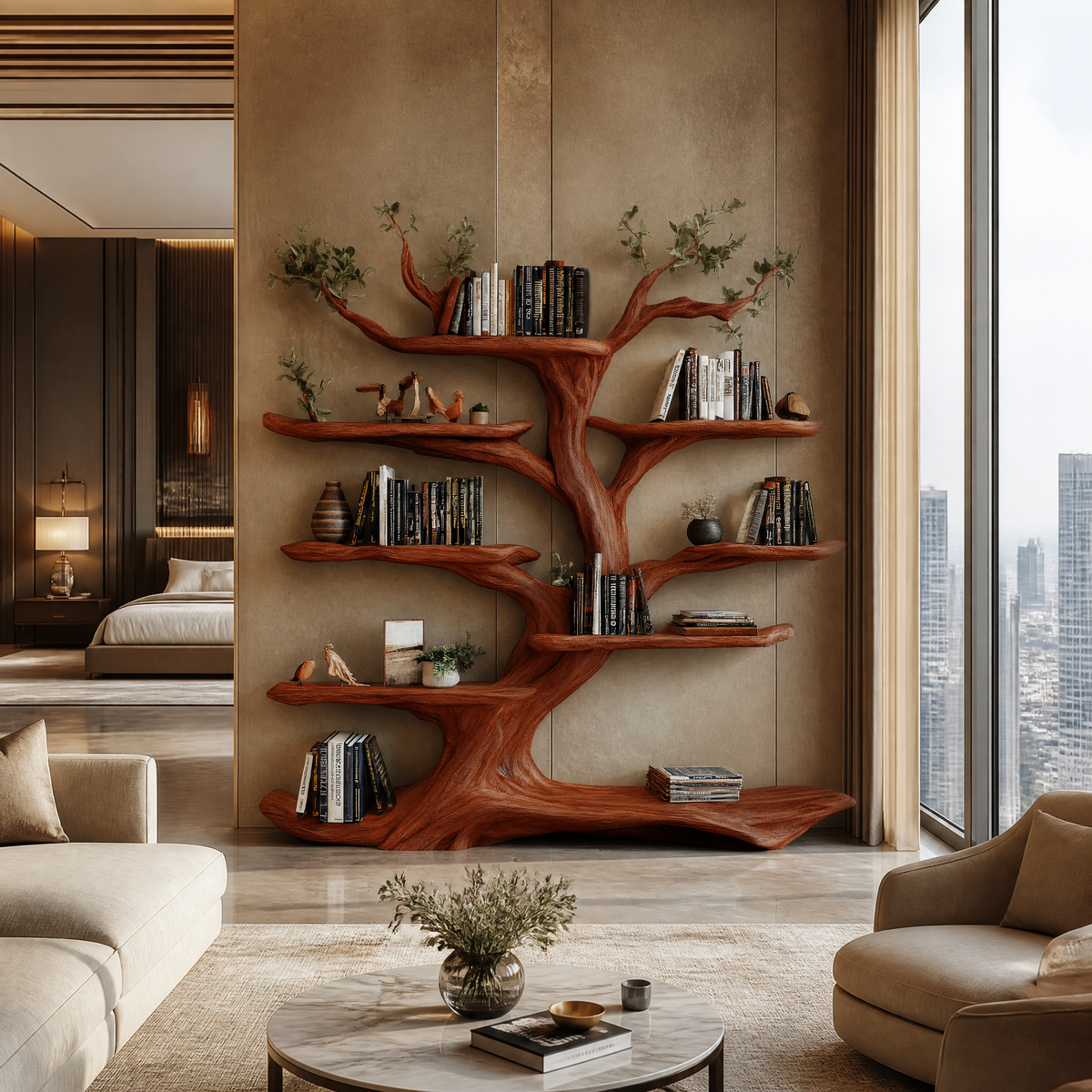 Sculpted Solid Hardwood Tree Bookshelf with Branch Shelving in Mahogany finish