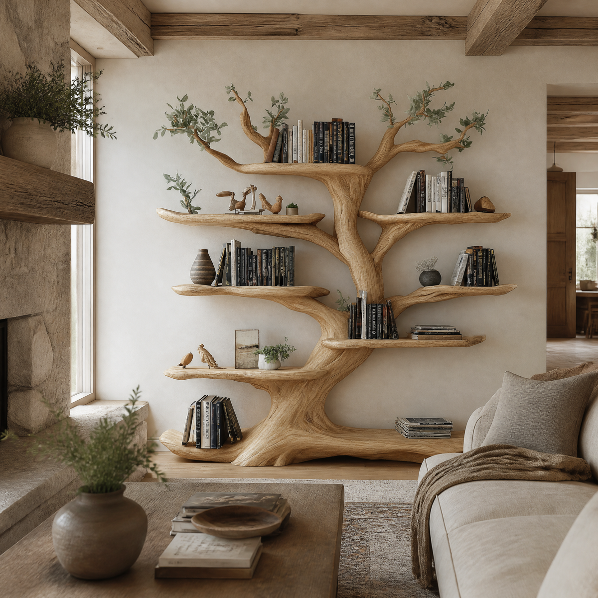 Sculpted Solid Hardwood Tree Bookshelf with Branch Shelving in Natural Oak finish