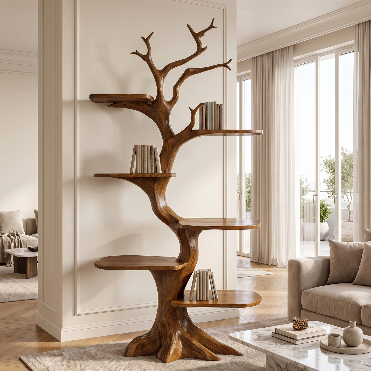 Tall Solid Hardwood Tree Bookshelf with Branch Display Shelves in Brown finish