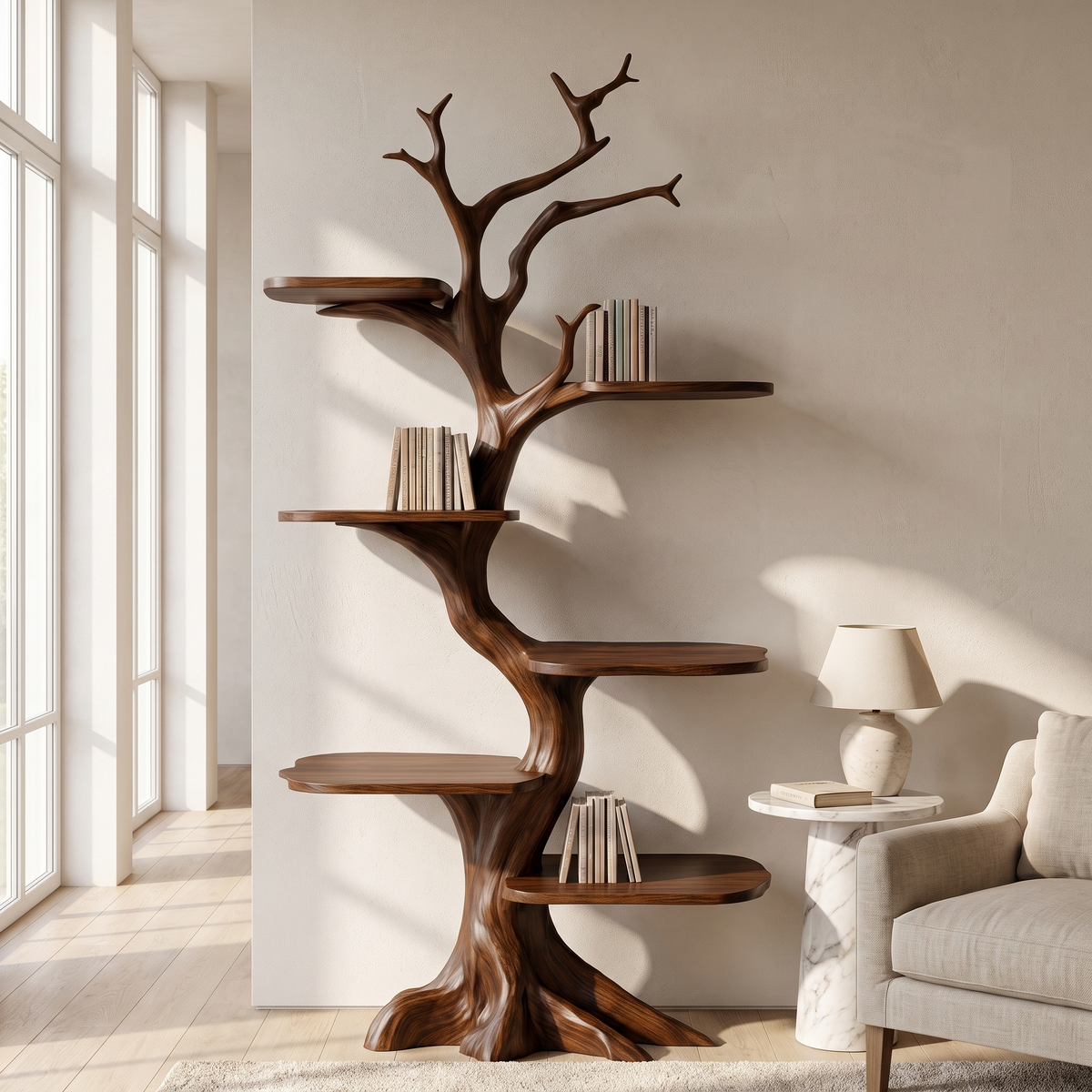 Tall Solid Hardwood Tree Bookshelf with Branch Display Shelves in Dark Walnut finish