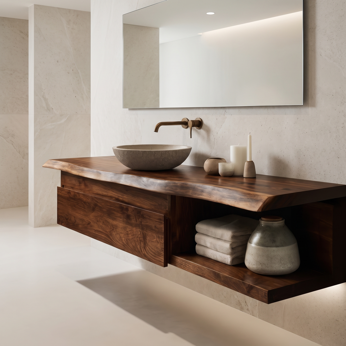 Floating Live Edge Hardwood Vanity with Drawers and Open Shelf in Dark Walnut finish