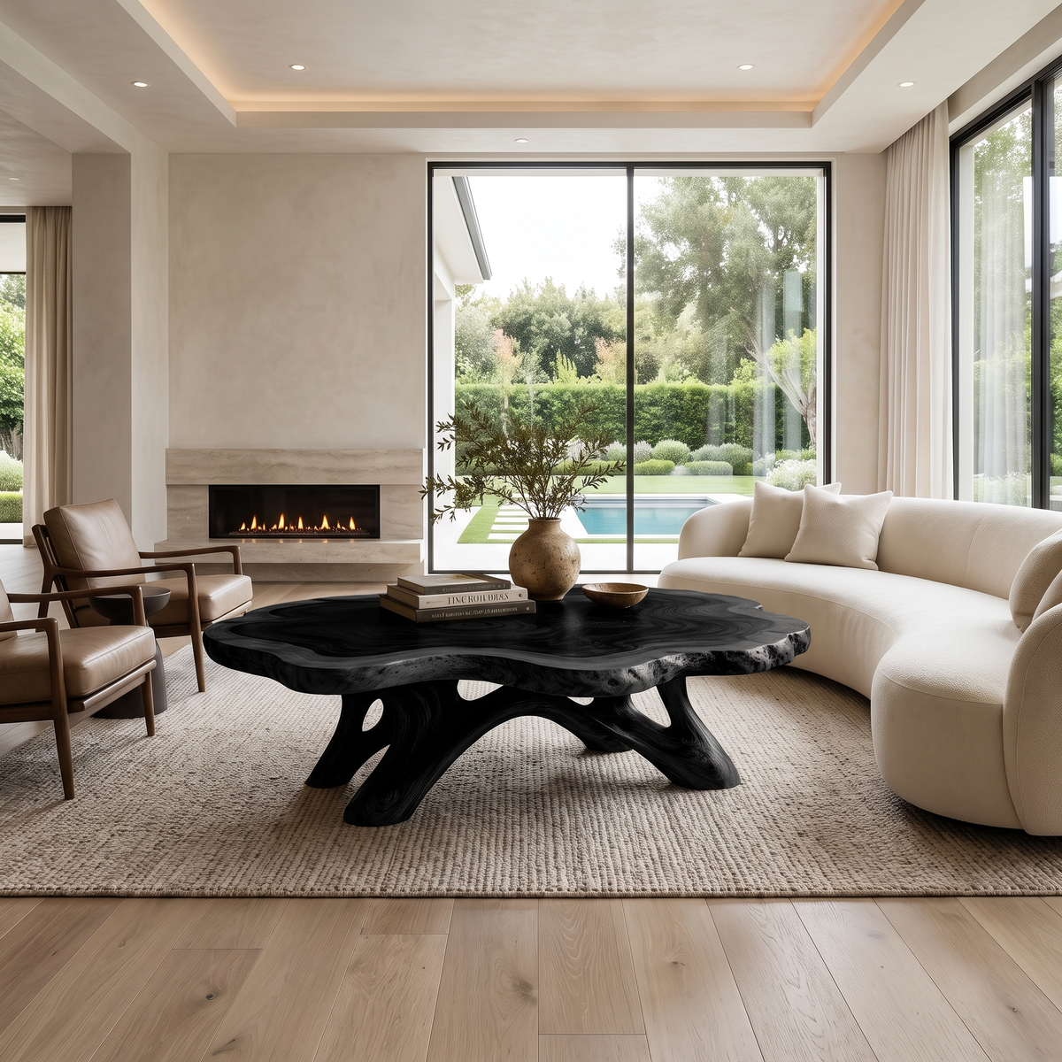 Solid Hardwood Coffee Table with Natural Edge Top and Arched Root Base in Black finish