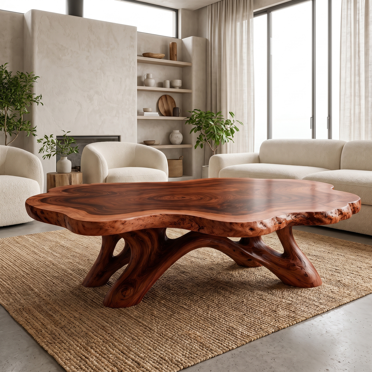 Solid Hardwood Coffee Table with Natural Edge Top and Arched Root Base in Mahogany finish