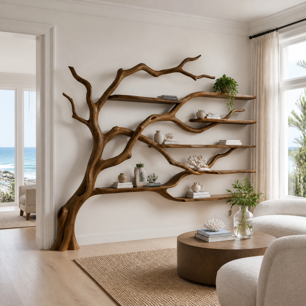 Solid Wood Tree Bookshelf with Wide Sculpted Branch Shelves in Brown finish