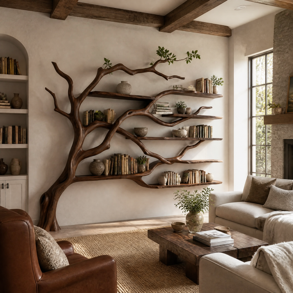 Solid Wood Tree Bookshelf with Wide Sculpted Branch Shelves in Dark Walnut finish