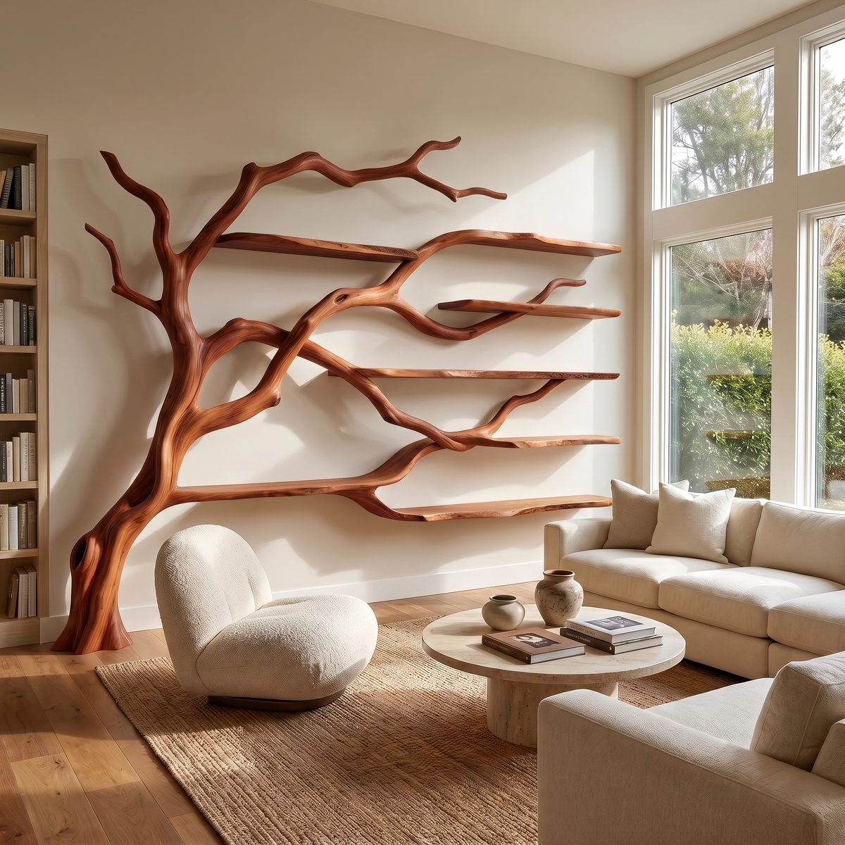 Solid Wood Tree Bookshelf with Wide Sculpted Branch Shelves in Mahogany finish