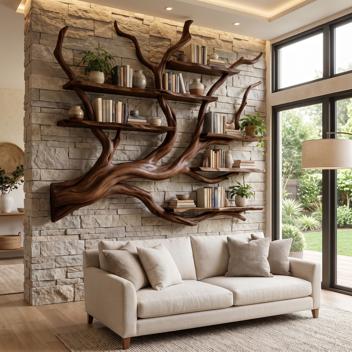 Solid Hardwood Floating Tree Bookshelf with Branching Canopy in Dark Walnut finish