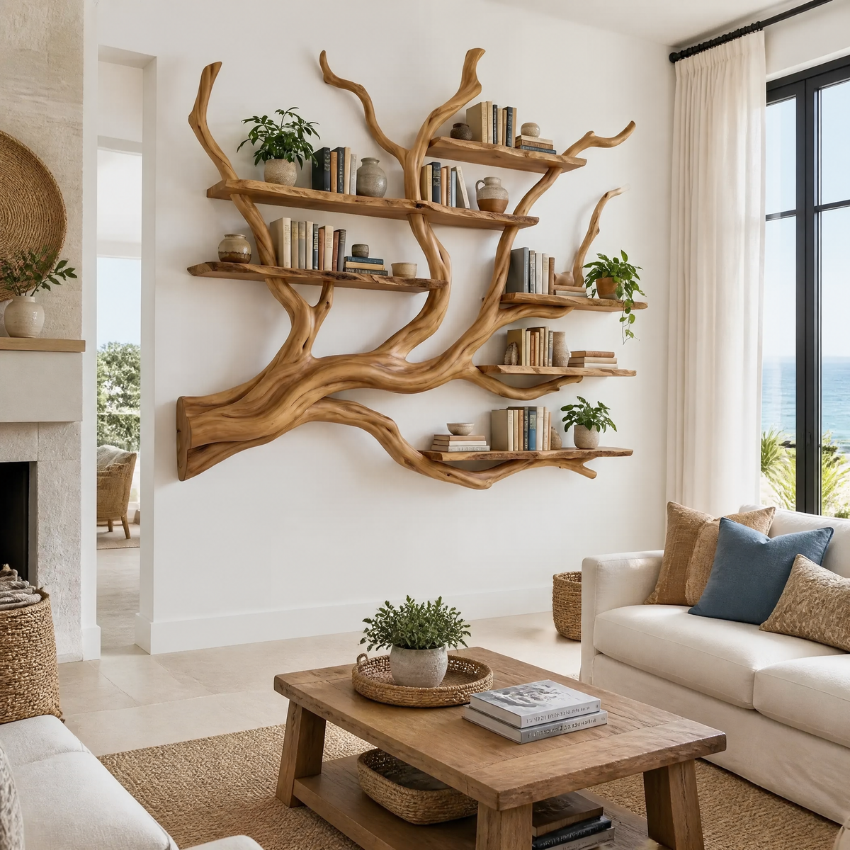 Solid Hardwood Floating Tree Bookshelf with Branching Canopy in Teak finish