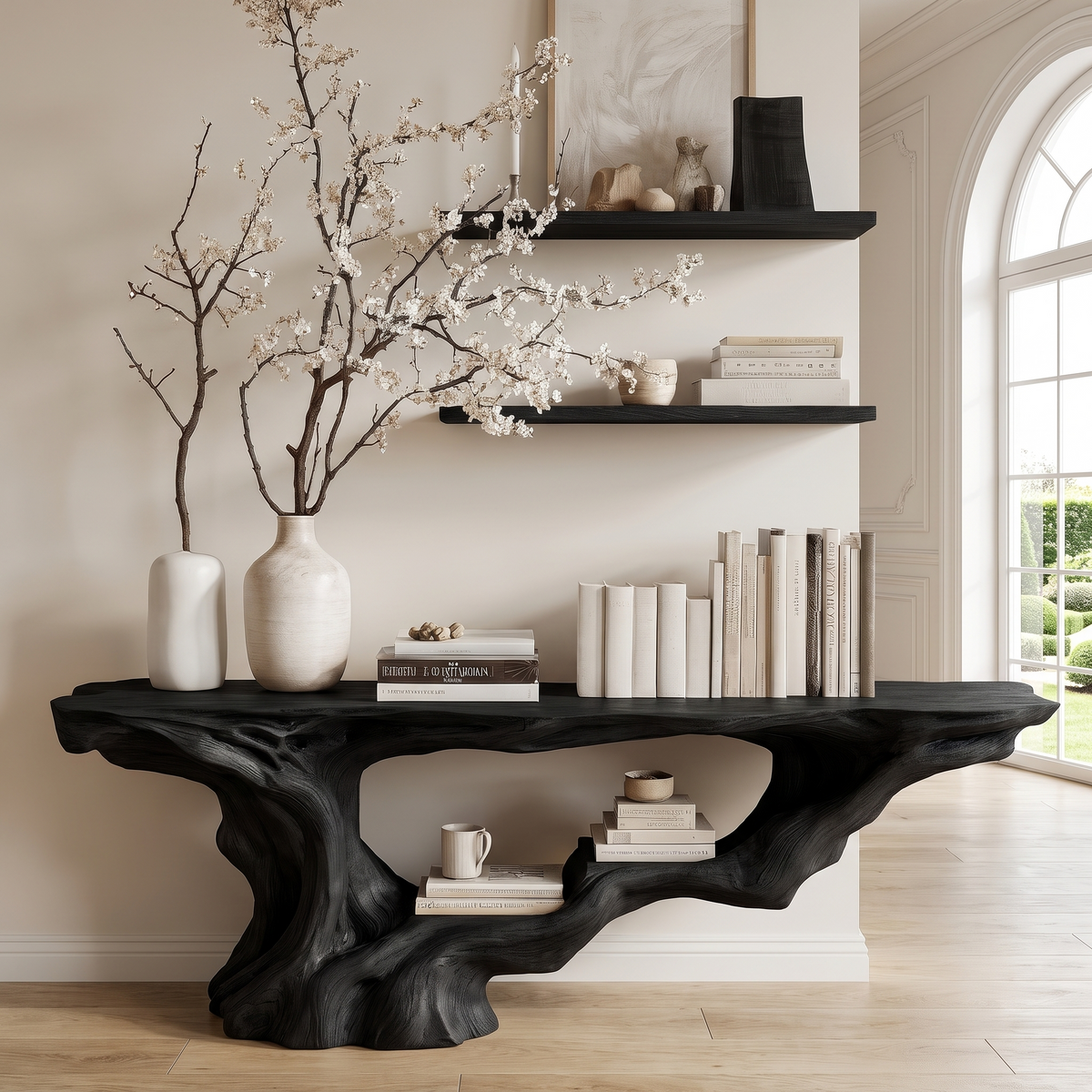 Solid Wood Console Table with Root-Inspired Sculpted Open Base in Black finish