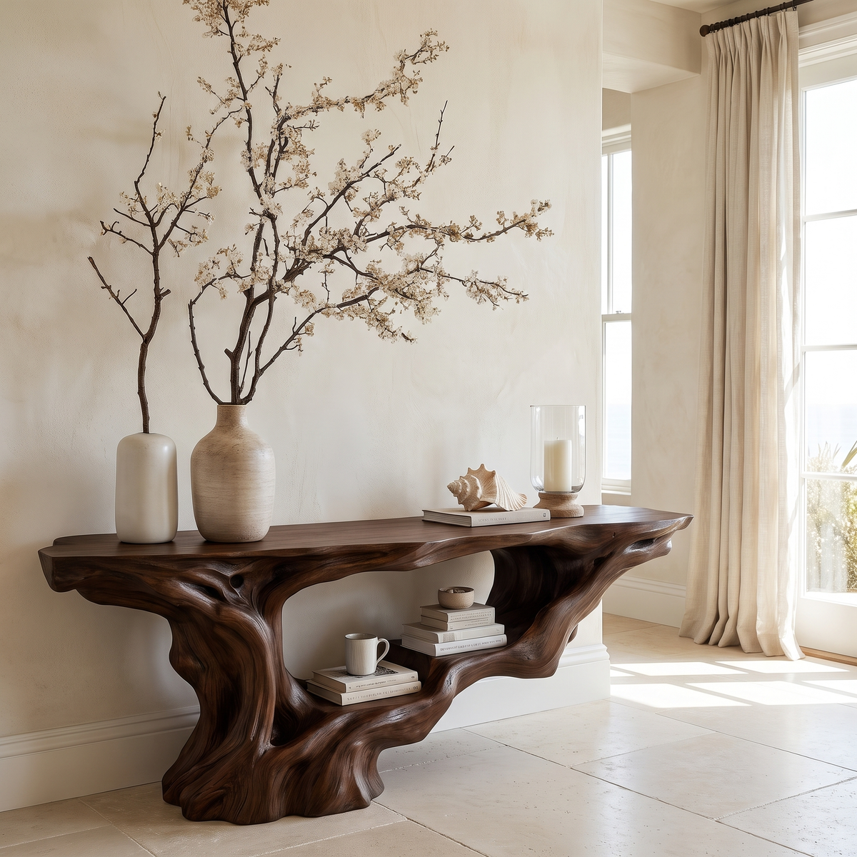 Solid Wood Console Table with Root-Inspired Sculpted Open Base in Dark Walnut finish