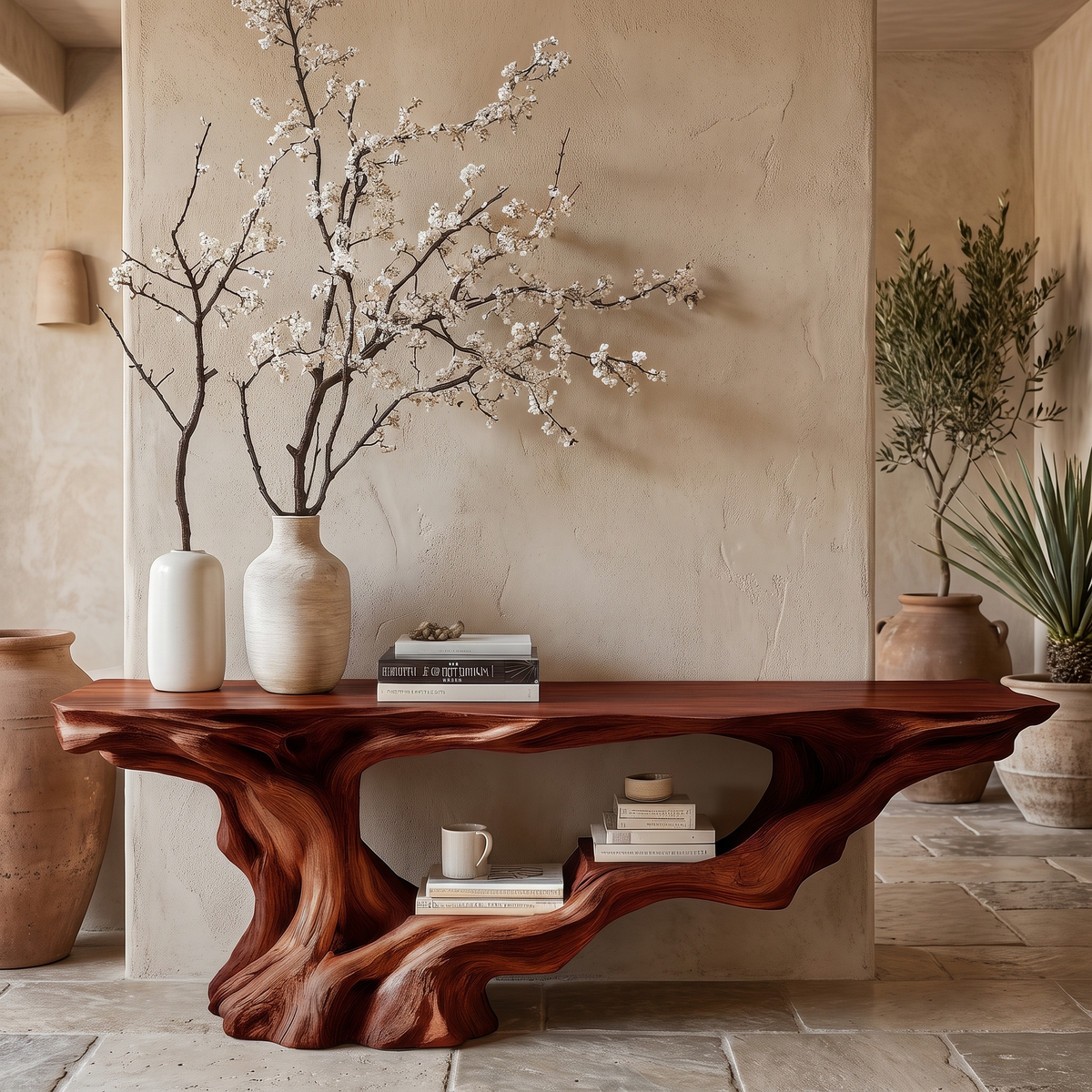 Solid Wood Console Table with Root-Inspired Sculpted Open Base in Mahogany finish
