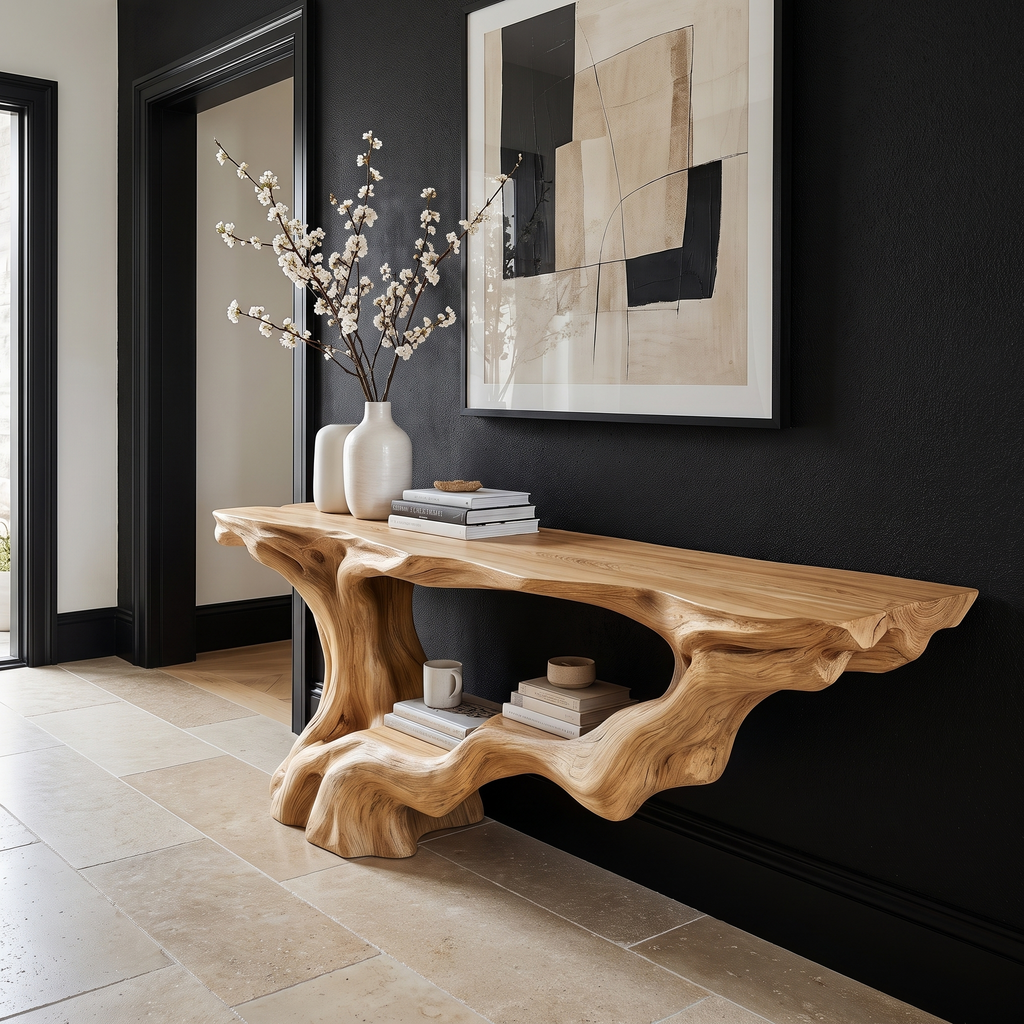 Solid Wood Console Table with Root-Inspired Sculpted Open Base in Natural Oak finish