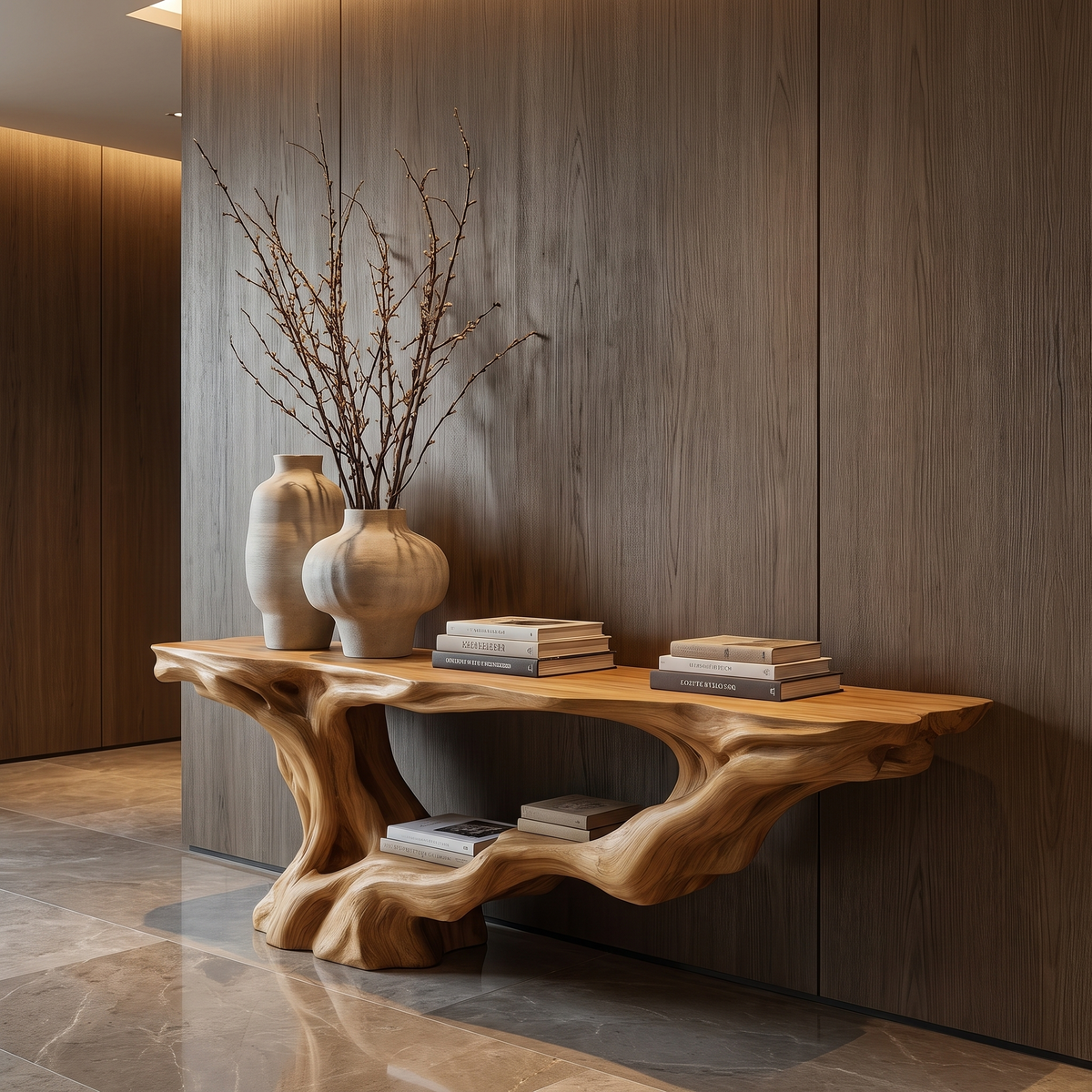 Solid Wood Console Table with Root-Inspired Sculpted Open Base in Teak finish