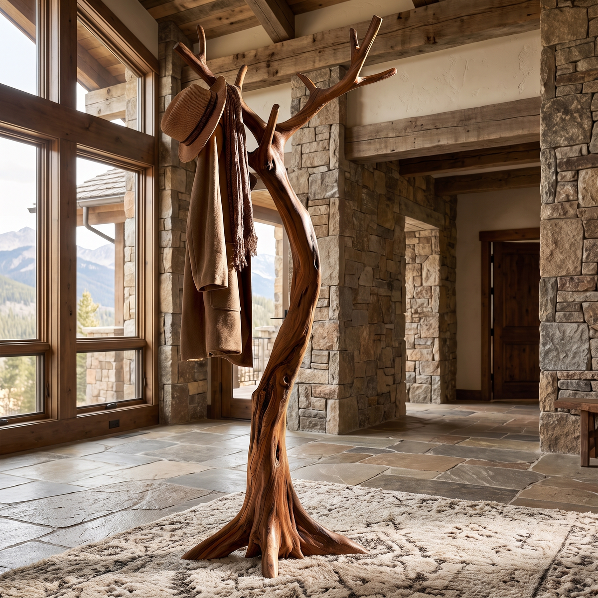 Sculpted Solid Hardwood Tree Coat Rack with Curved Trunk in Brown finish