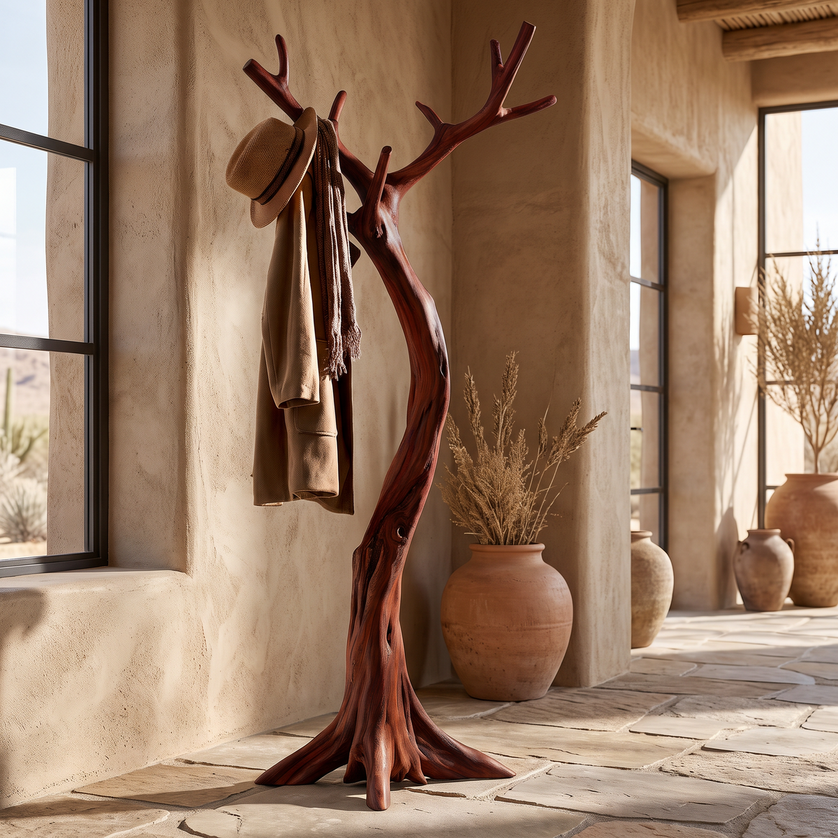 Sculpted Solid Hardwood Tree Coat Rack with Curved Trunk in Mahogany finish