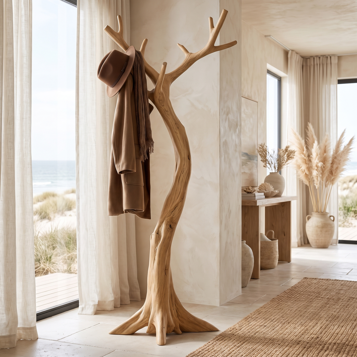 Sculpted Solid Hardwood Tree Coat Rack with Curved Trunk in Natural Oak finish
