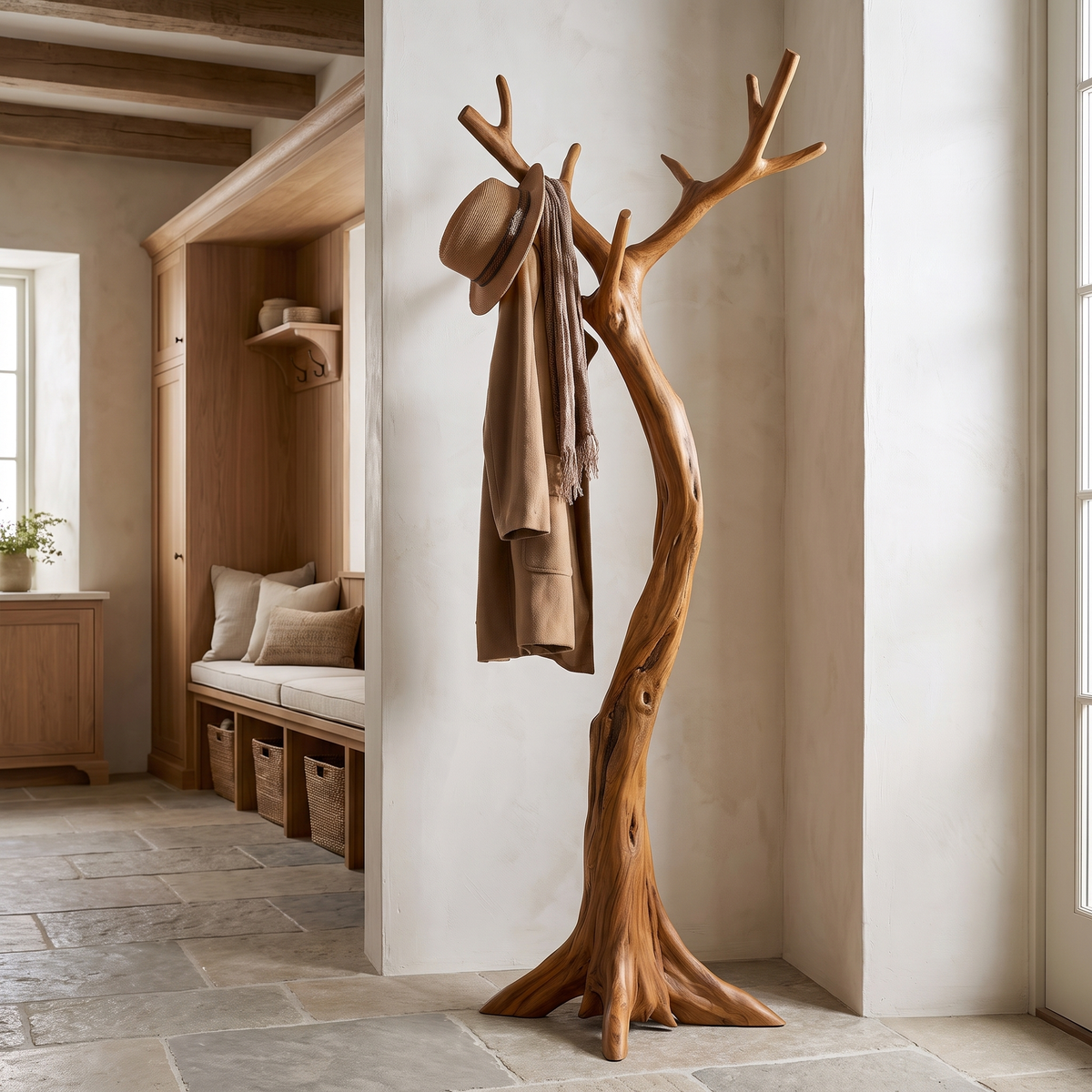 Sculpted Solid Hardwood Tree Coat Rack with Curved Trunk in Teak finish
