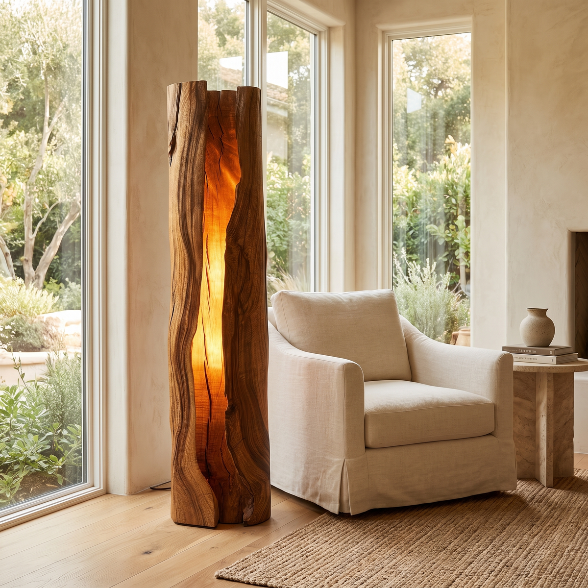 Live Edge Solid Wood Floor Lamp with Integrated LED Center Split in Brown finish