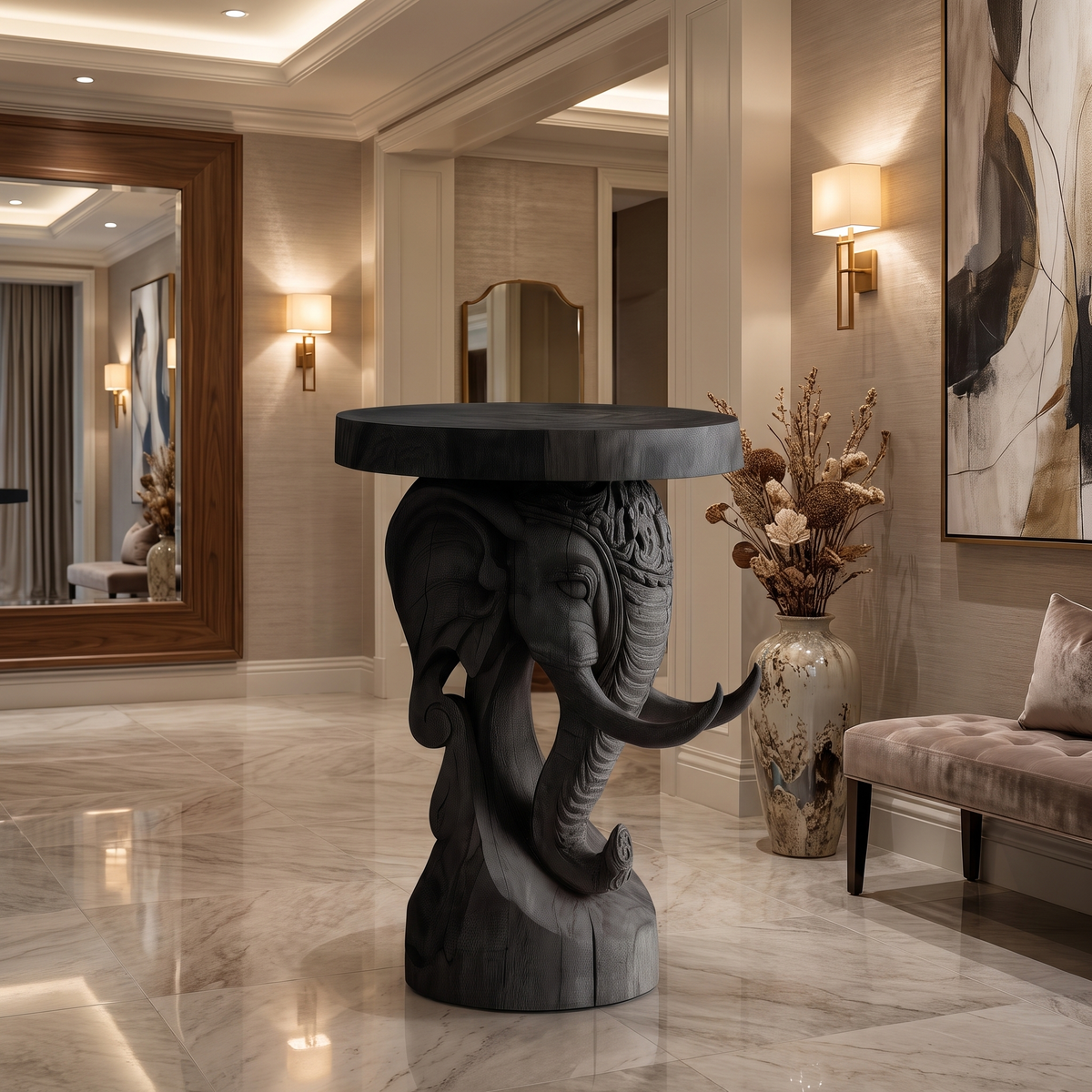 Elephant Carved Solid Hardwood Pedestal Stand with Round Top in Black finish