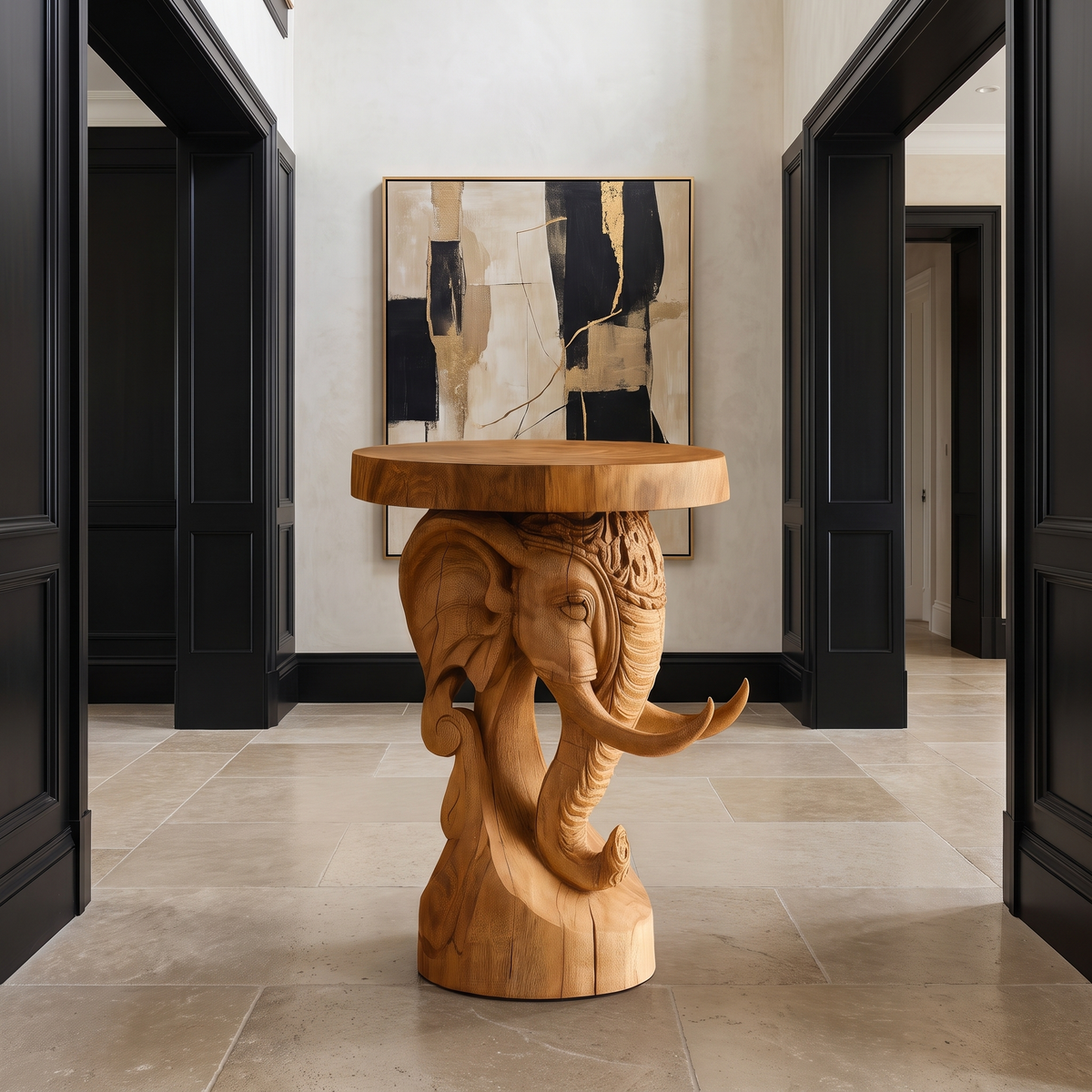 Elephant Carved Solid Hardwood Pedestal Stand with Round Top in Teak finish